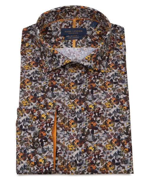 Men's Long Sleeve Floral Ecru Shirt