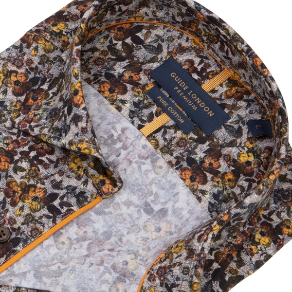 Men's Long Sleeve Floral Ecru Shirt