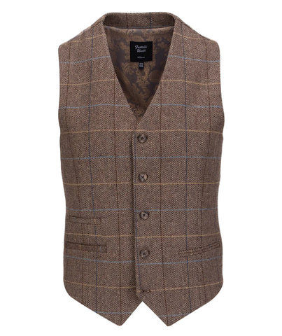 Men's Checked Waistcoat in Rich Brown Herringbone
