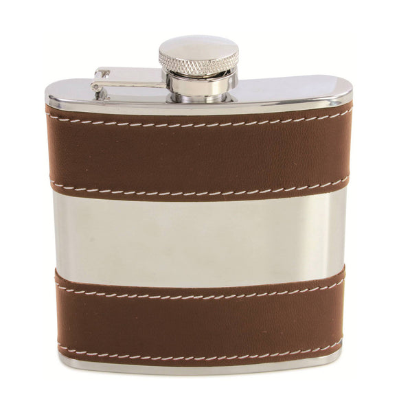 Hip Flask Brown 6oz Shiny Stainless Steel Centre (With engraved message)