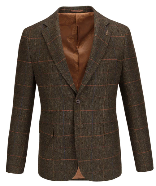 Men's Checked Jacket in Rich Olive Herringbone